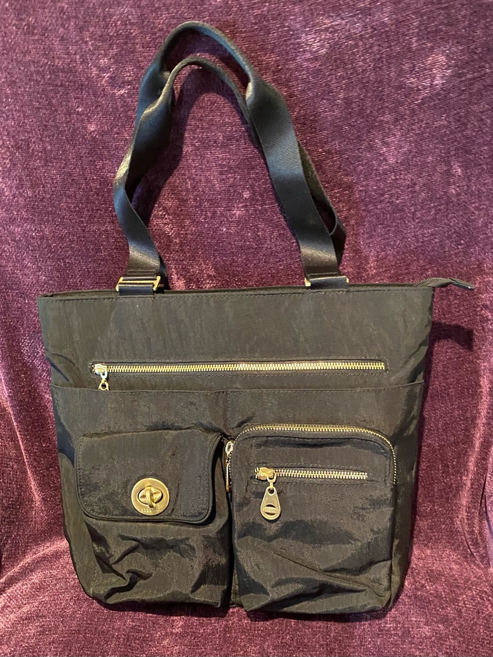 Baggallini Black Crossbody Bag with Front Pockets and Gold Hardware